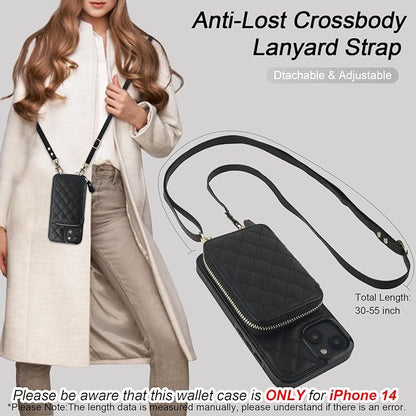 Bocasal Crossbody Wallet Case for iPhone 14, RFID Blocking PU Leather Zipper Handbag Purse Flip Cover, Kickstand Folio Case with Card Slots Holder Wrist Strap Lanyard 5G 6.1 Inch (Black)