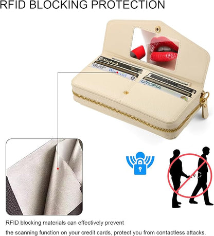 Crossbody Wallet Case for iPhone 16 Pro Max, Magnetic Detachable Floral PU Leather Phone Case with RFID Blocking Card Holder Wristlet Mirror Flip Zipper Shoulder Purse for Wome - White