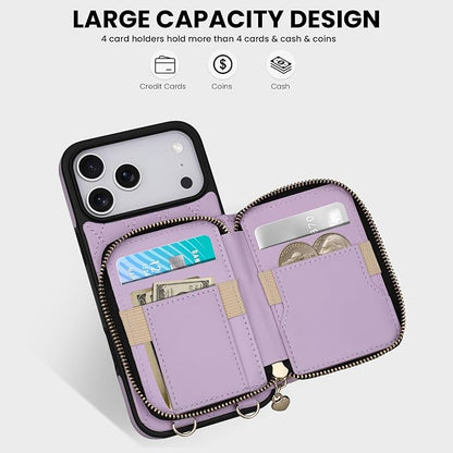 Keallce Case for iPhone 17 Pro Max 6.9'' Wallet Case, Crossbody Zipper Purse with Wrist Strap Lanyard Handbag, RFID Blocking Card Holders, Kickstand Flip Leather Cover for iPhone 17 Pro Max, Purple