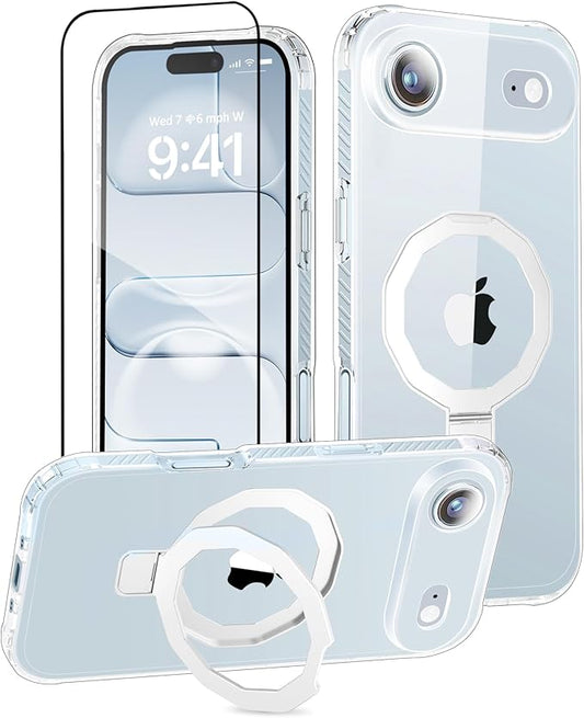 for iPhone 17 Air Case, with Screen Protector + Camera Lens Protector, Built-in Seamless Stand, [Compatible with MagSafe] Protective Shockproof Phone Case, Cover for iPhone 17 Air 6.5" - Clear