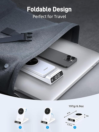 3 in 1 Charging Station for Apple, Magnetic Charger for iPhone, Foldable Wireless Charger with Clock, Travel Watch Charger Stand for iPhone 17/Air/16/15 Series, iWatch 10/AirPods 4 (White)