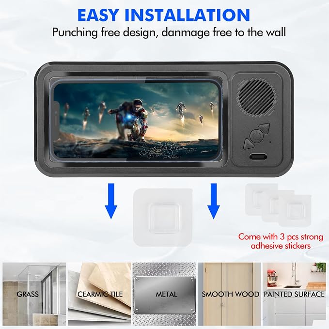 Wireless Bluetooth Speaker for Bathroom , Shower Phone Holder Speaker , Waterproof 360 Rotation Viewable Shower Phone Case Speakers for Bathroom Wall Mirro Compatible with iPhone, Galaxy(Black)
