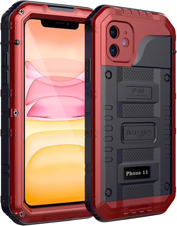 Beasyjoy for iPhone 11 Heavy Duty Waterproof Metal Case - Full Body Protective Shockproof Dustproof Military Grade Rugged Defender Outdoor Case (Red)