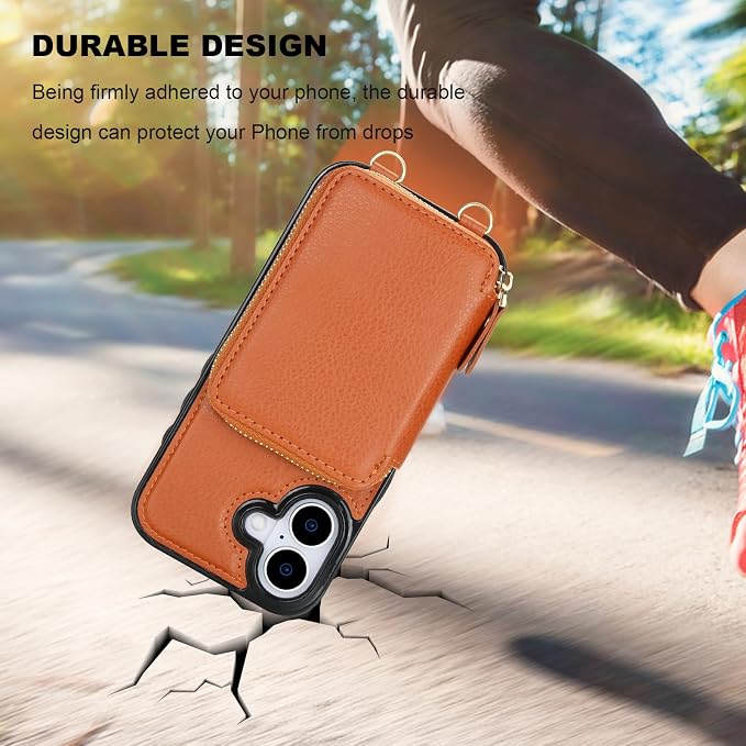 Bocasal RFID Blocking Wallet Case for iPhone 17, Adjustable Crossbody Zipper Purse Case Card Holder with Kickstand Detachable Wrist Strap, PU Leather Flip Folio Case 6.3 Inch 5G (Brown)