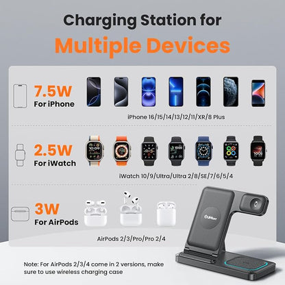 DUMTERR 3 in 1 Charging Station for Apple, Foldable Wireless Charger for iPhone 17 16 15 14 13 12 11 Pro Max, Wireless Charging Station for Multiple Devices for Apple Watch Ultra & Airpods Pro 4 3 2