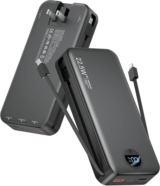 Portable Charger Power Bank, 20000mAh 22.5W USB C Fast Charging with Built-in Cables & Wall Plug, External Battery Bank with LED Display, Travel Essential for iPhone, iPad, Samsung Black