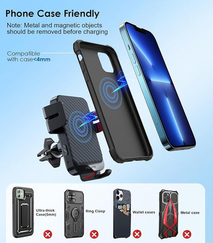 Wireless Car Charger, MOKPR 15W Fast Charging Auto-Clamping Phone Mount Air Vent Cell Phone Holder Compatible with iPhone 16 15/14/13/13 Pro/12 pro/12, for Samsung Galaxy S23/S22/S21/S20, Red