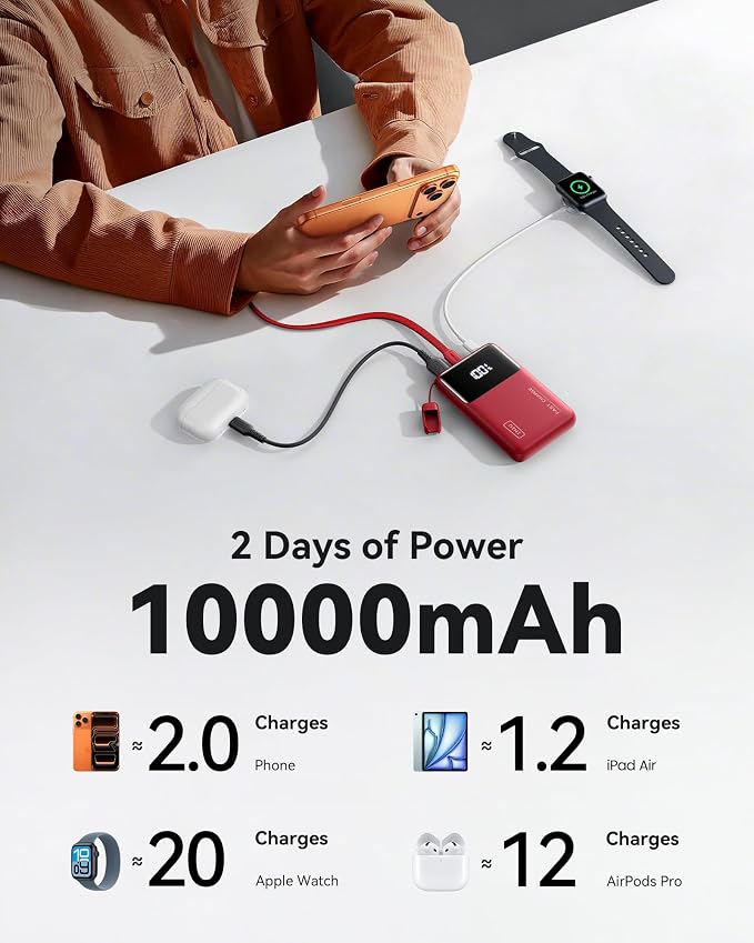 INIU Ultra Compact Power Bank, 10000mAh 45W Fast Charging Portable Charger with Detachable USB-C Cable & Stand, Flight-Safe Travel Battery Pack for iPhone, Samsung, Xiaomi, iPad, for Girls, Red