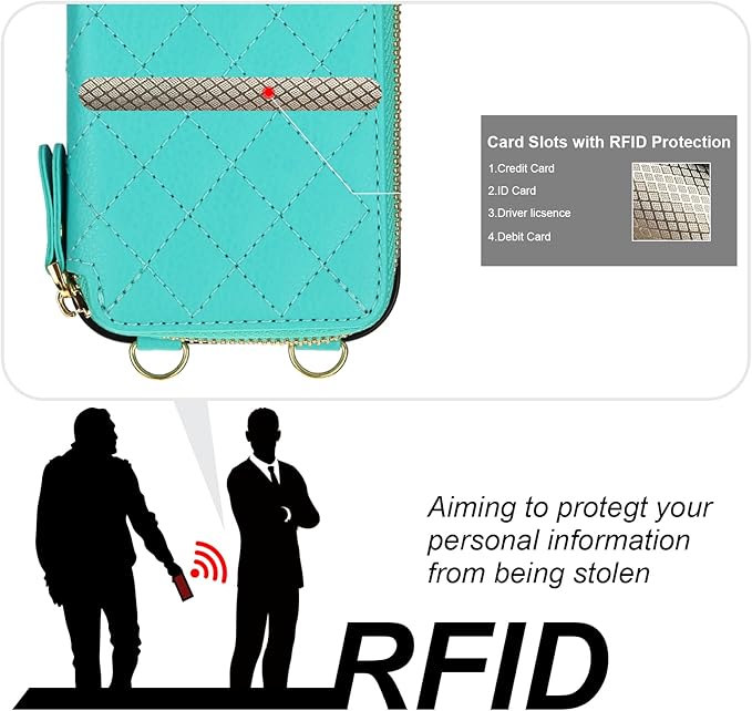 Bocasal Crossbody Wallet Case for iPhone 16 Pro, RFID Blocking PU Leather Zipper Handbag Purse Flip Cover, Kickstand Folio Case with Card Slots Holder Wrist Strap Lanyard 5G 6.3 Inch (Mint Green)