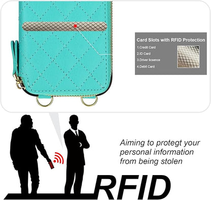 Bocasal Crossbody Wallet Case for iPhone 16 Pro, RFID Blocking PU Leather Zipper Handbag Purse Flip Cover, Kickstand Folio Case with Card Slots Holder Wrist Strap Lanyard 5G 6.3 Inch (Mint Green)