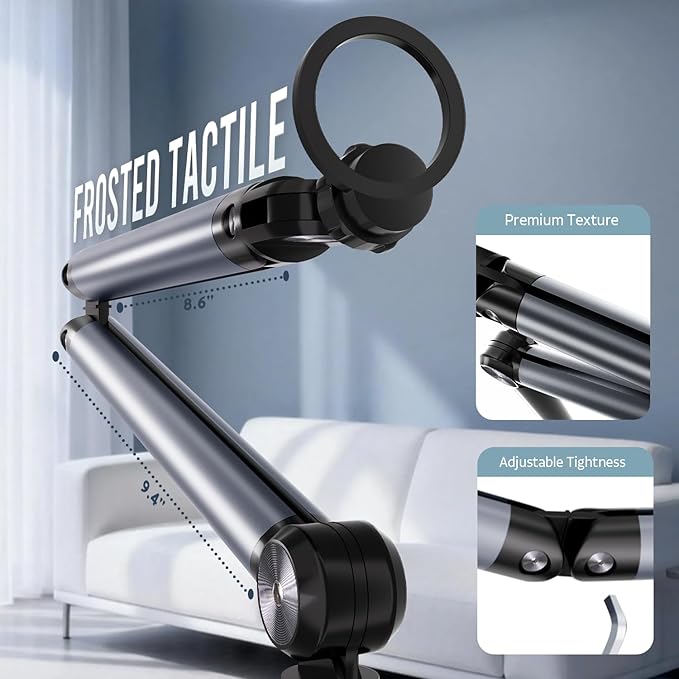 Magnetic Phone Floor Stand, Aluminum iPhone Overhead Stand with Adjustable Arm & Remote for Multi-Angle Creative Shooting, Stable Stand for iPhone/Android