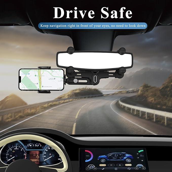 Car Phone Holder Mount, Rear View Mirror Phone Holder, Rotatable and Retractable Phone Holders for Your Car Compatible with iPhone Samsung All 4-7 Inch Cell Phones
