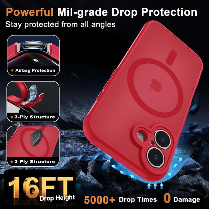 MOCCA Magnetic for iPhone 17 Case, (Compatible with Magsafe) (16FT Military Grade Protection) Full Camera Protection Anti-Fingerprint Slim Translucent Matte Phone Cover 6.3",Red