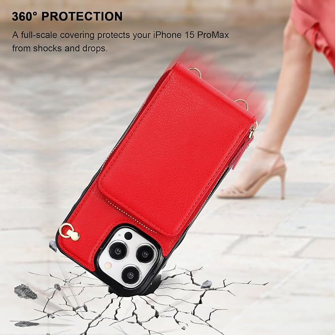 KIHUWEY Crossbody Wallet Case for iPhone 15 Pro Max, Zipper Pocket Case with Card Holder, PU Leather RFID Blocking Protective Cover with Kickstand and Detachable Wrist Strap Lanyard - 6.7" (Red)