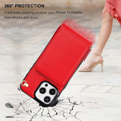 KIHUWEY Crossbody Wallet Case for iPhone 15 Pro Max, Zipper Pocket Case with Card Holder, PU Leather RFID Blocking Protective Cover with Kickstand and Detachable Wrist Strap Lanyard - 6.7" (Red)