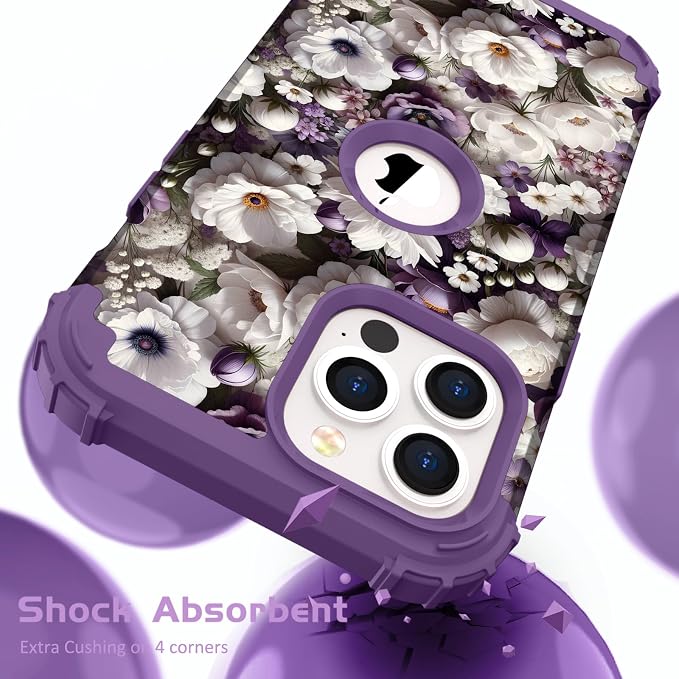Hocase for iPhone 13 Pro Max Case, Heavy Duty Shockproof Protection Soft Silicone Rubber Bumper+Hard Plastic Hybrid Protective Case for iPhone 13 Pro Max (6.7") 2021 - White Flowers