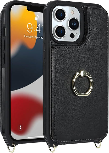 Lipvina for iPhone 13 Pro Case with Card Holder and Strap for Women,Crossbody Lanyard,RFID Blocking,Kickstand Ring Stand,Snap Clasp,Phone Wallet Cases 6.1 inch(Black)