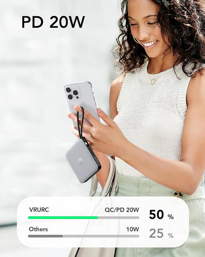 VRURC 20000mAh Portable Phone Charger with 4 Built-in Cables, Power Bank Fast Charging 22.5W USB C Battery Pack, for iPhone 16 15 14 13 12 11 x Samsung Galaxy Series etc, Gray(1 Pack)