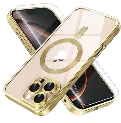 Misea Magnetic for iPhone 16 Pro Max Case Compatible with MagSafe [Never Yellowing] [Military Grade Drop Protection] Full Camera Lens Protector Plating Soft Clear Phone Case for Women, Titanium Gold