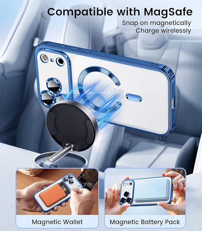 Slim Thin for iPhone 17 Pro Max Case Clear, Compatible with MagSafe, Built-in Camera Lens Protector, Shockproof Protective Phone Case, Soft Electroplated Magnetic Cover, Deep Blue