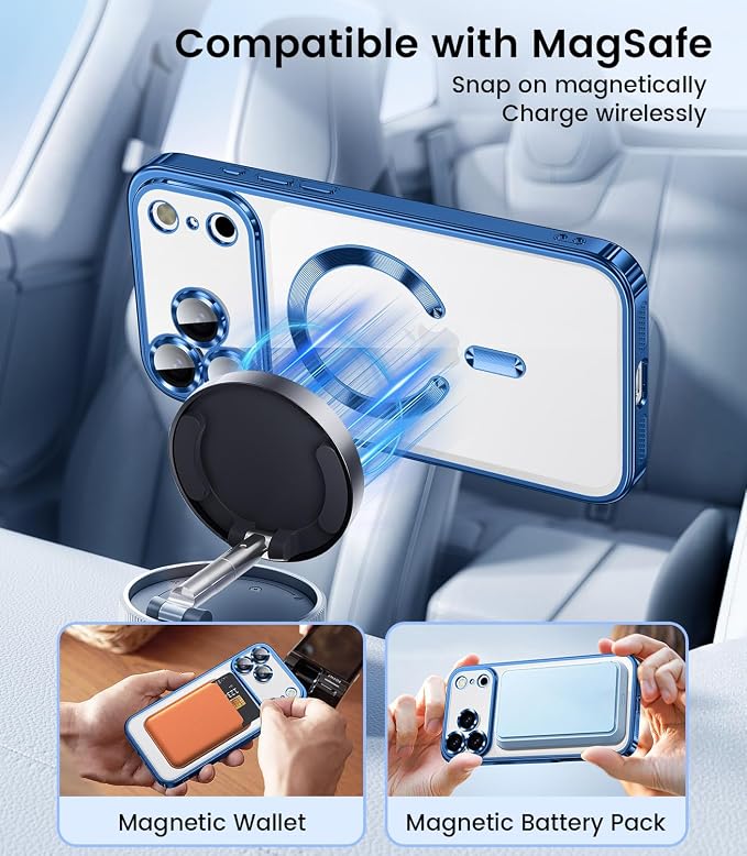 Slim Thin for iPhone 17 Pro Case Clear, Compatible with MagSafe, Built-in Camera Lens Protector, Shockproof Protective Phone Case, Soft Electroplated Magnetic Cover, Sapphire Blue