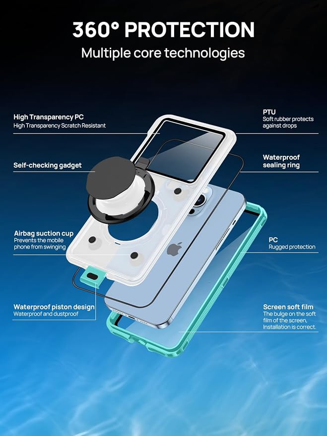 Lanhiem Snorkeling Underwater Phone Case for Diving, IP68 Professional Universal Waterproof Outdoor Video Photo Cellphone Case with Lanyard for iPhone Galaxy Pixel Moto All Series (Clear/Blue)