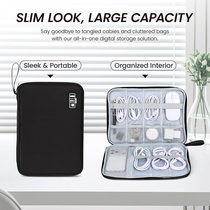 Large Slim Cable Organizer Travel Case, Single-Layer Electronic Accessories Pouch for Chargers, Cords, Power Bank, Mouse and SD Cards, 12.6 x 9.45 x 1.57 Inches