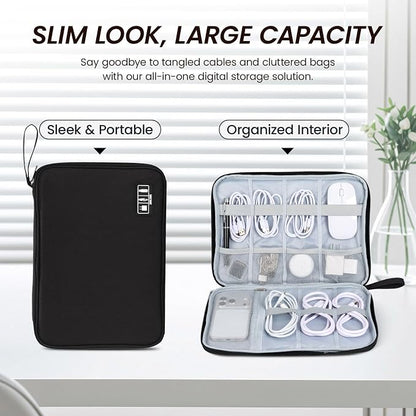 Large Slim Cable Organizer Travel Case, Single-Layer Electronic Accessories Pouch for Chargers, Cords, Power Bank, Mouse and SD Cards, 12.6 x 9.45 x 1.57 Inches