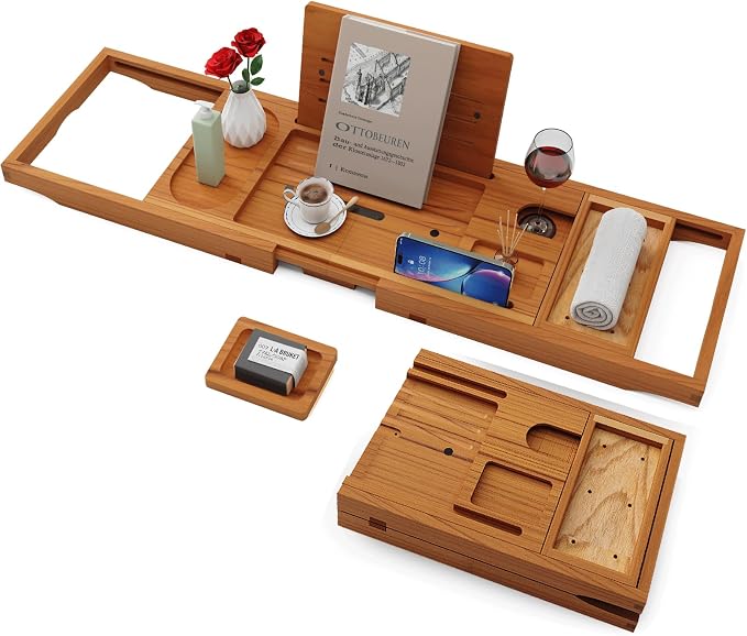 Yirilan Teak Bathtub Tray for Tub, Bath Table Tray for Tub Wood, Bathtub Caddy, Luxury Gift for House Warming, Wedding, Bridal Shower, Anniversary