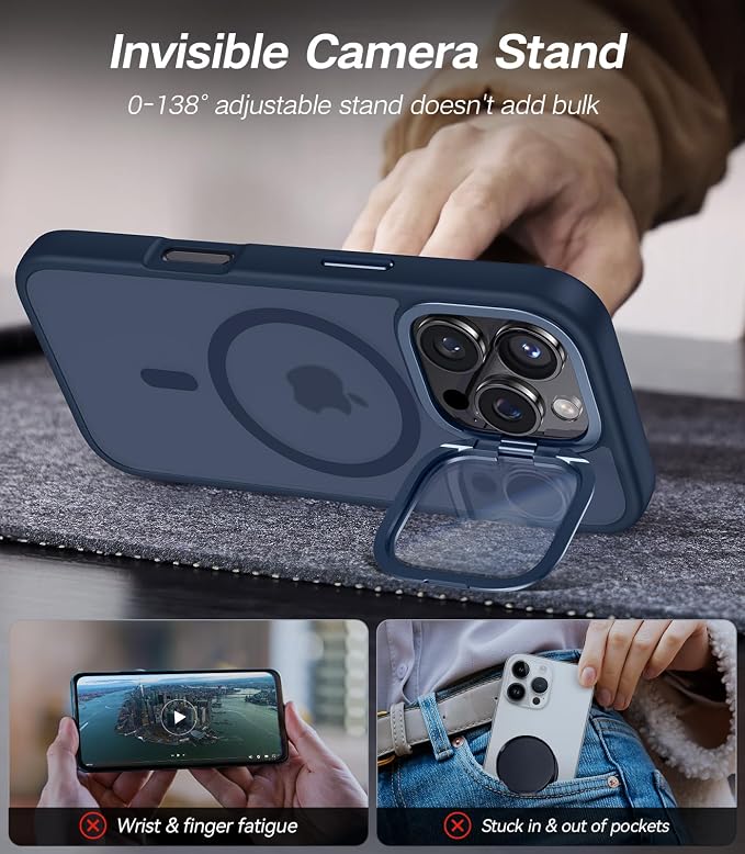 [Upgraded] for iPhone 16 Pro Max Case with Camera Cover Stand [Fit for MagSafe][9H Camera Lens Protector] Mil-Grade Protection Translucent Magnetic iPhone 16 Pro Max Phone Case, Blue