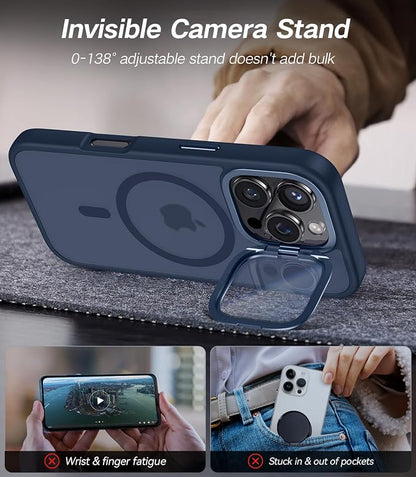 [Upgraded] for iPhone 16 Pro Max Case with Camera Cover Stand [Fit for MagSafe][9H Camera Lens Protector] Mil-Grade Protection Translucent Magnetic iPhone 16 Pro Max Phone Case, Blue