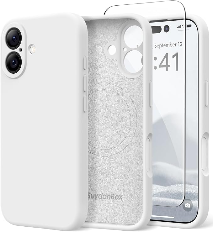 Magnetic for iPhone 16 Case, Compatible with MagSafe, [Screen Protector + Full Camera Protection], Silicone Shockproof Anti-Scratch Protective Phone Case for iPhone 16 6.1", White