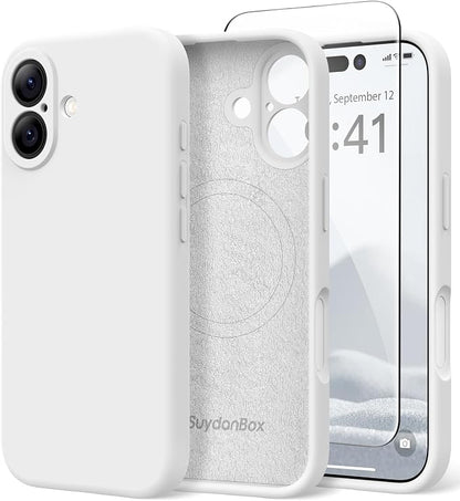 Magnetic for iPhone 16 Case, Compatible with MagSafe, [Screen Protector + Full Camera Protection], Silicone Shockproof Anti-Scratch Protective Phone Case for iPhone 16 6.1", White