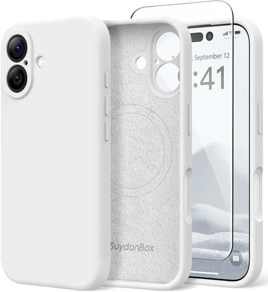 Magnetic for iPhone 16 Case, Compatible with MagSafe, [Screen Protector + Full Camera Protection], Silicone Shockproof Anti-Scratch Protective Phone Case for iPhone 16 6.1", White