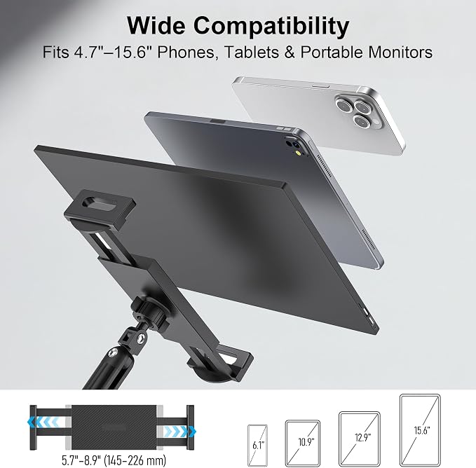 iPad Holder for Desk, Adjustable Tablet Arm iPad Desk Mount with C-Clamp, 30" Foldable Long Arm & 360° Rotation, Fits 4.7"–15.6" i Pad Pro/Air/Mini, Phones & 15.6" Portable Monitors for Desk/Bed Use