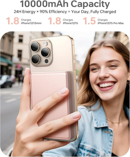 10,000mAh for MagSafe Power Bank Ultra Slim, Magnetic Wireless Charger with USB-C Cable, Fast Charging Portable Battery for iPhone 17 Pro Max/17 Pro/Air/16/15/14/13, Rose Gold