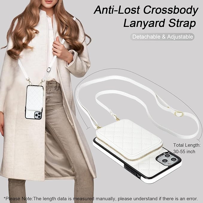 Bocasal Crossbody Wallet Case for iPhone 11 Pro Max, RFID Blocking PU Leather Zipper Handbag Purse Flip Cover, Kickstand Folio Case with Card Slots Holder Wrist Strap Lanyard 6.5 Inch (White)