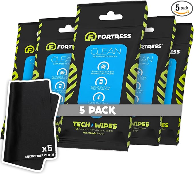 Fortress Electronic Wipes With Microfiber Cloth (25 ct, Pack of 5) To-Go Tech Wipes for Screens, Phones, Keyboards, TV Monitors, Computer Screens, and More [Travel Size] Skin-Safe