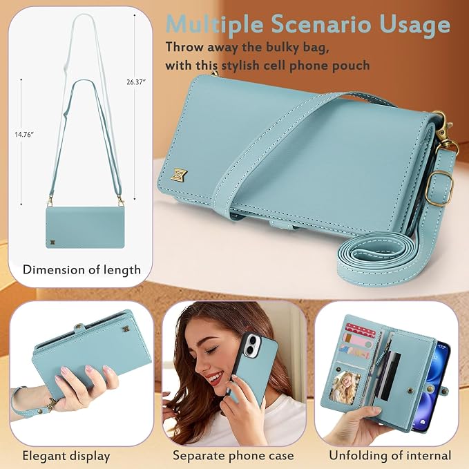 for Wallet Case Compatible with iPhone 16,Multi-Function Detachable 2 in 1 Magnetic iPhone 16 Case Wallet,Flip Strap Zipper Card Holder Phone Case with Shoulder Straps (Blue)