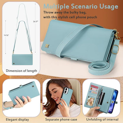 for Wallet Case Compatible with iPhone 16,Multi-Function Detachable 2 in 1 Magnetic iPhone 16 Case Wallet,Flip Strap Zipper Card Holder Phone Case with Shoulder Straps (Blue)