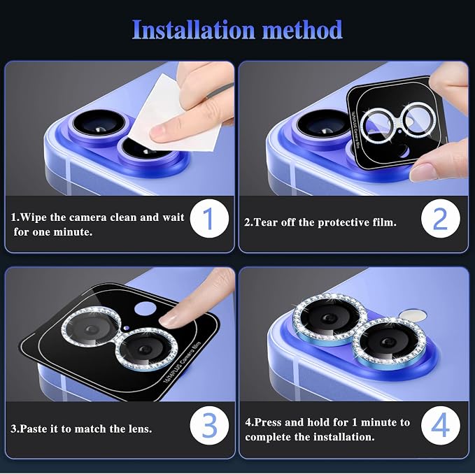 ShinKin Camera Lens Protector for iPhone 16/iPhone 16 Plus, Bling Glitter Camera Cover, 9H Tempered Glass Individual Metal Ring Camera Protector for iPhone 16/iPhone 16 Plus (Diamond - Blue)