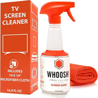 WHOOSH! Pro 16.9 fl oz Refillable TV Screen Cleaner & Microfiber Cloth - Streak-Free Cleaner for Flat Screens, OLED, LCD, Smart TV, Monitors - Non-Toxic, Odorless - Electronics Cleaning Kit