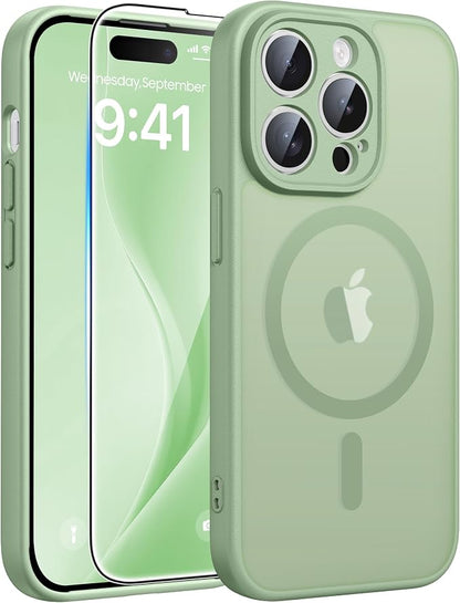 FNTCASE for iPhone 14 Pro Max Case: [Compatible with Magsafe] Translucent Matte Cases with [Full Camera Protection] [Screen Protector] Military Grade Shockproof Protective Phone Cover - Light Moss