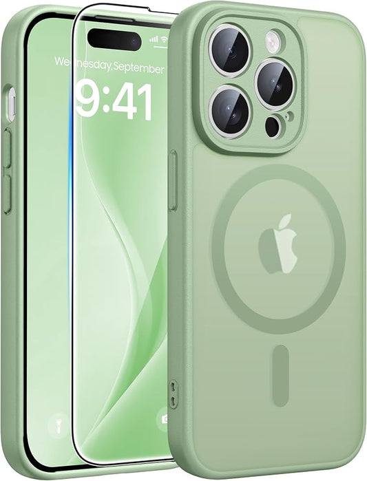 FNTCASE for iPhone 14 Pro Max Case: [Compatible with Magsafe] Translucent Matte Cases with [Full Camera Protection] [Screen Protector] Military Grade Shockproof Protective Phone Cover - Light Moss
