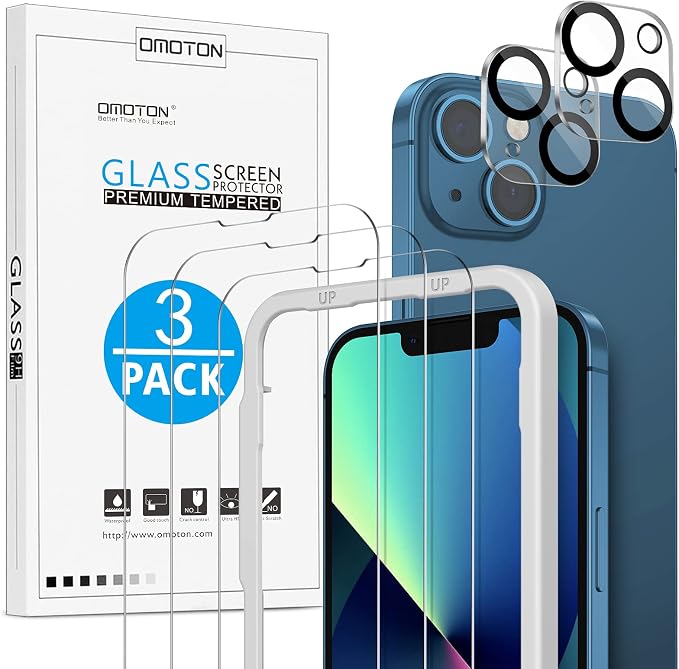 OMOTON Screen Protector and Camera Lens Protector for iPhone 13 with Frame Installation Aid