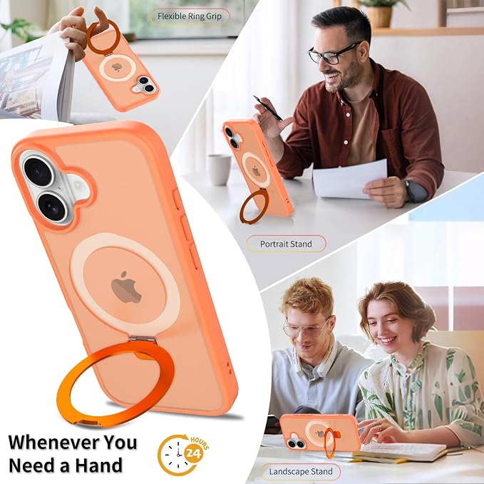 Ultra-Magnetic Stand for iPhone 17 Case [Military Drop Protection] [Compatible with MagSafe] Shockproof Translucent Matte Slim Ring Holder Case for iPhone 17 (Orange)