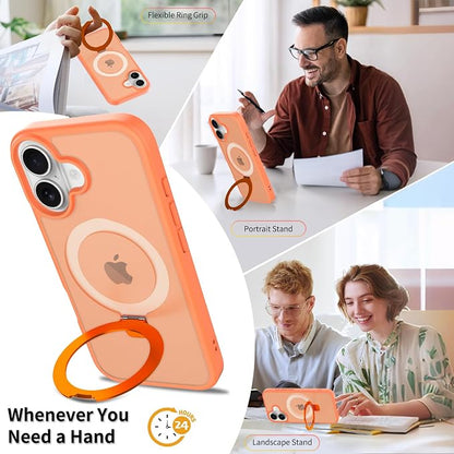 Ultra-Magnetic Stand for iPhone 17 Case [Military Drop Protection] [Compatible with MagSafe] Shockproof Translucent Matte Slim Ring Holder Case for iPhone 17 (Orange)