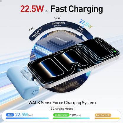 iWALK Portable Charger 5500mAh Next-Gen Small Power Bank 22.5W Fast Charging Battery USB-C Portable Phone Charger for iPhone 17/16/15 17 Plus 17 Pro Max iPad, Samsung Galaxy S25 S24 Android,Baby Blue
