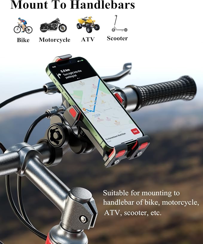 BRCOVAN Anti-Theft Aluminum Alloy Motorcycle Phone Mount with Vibration Dampener & High-Speed Secure Lock, Adjustable Bike Handlebar Cellphone Holder for Bicycle Scooter ATV, Fit 4.7-7.2'' Smartphone
