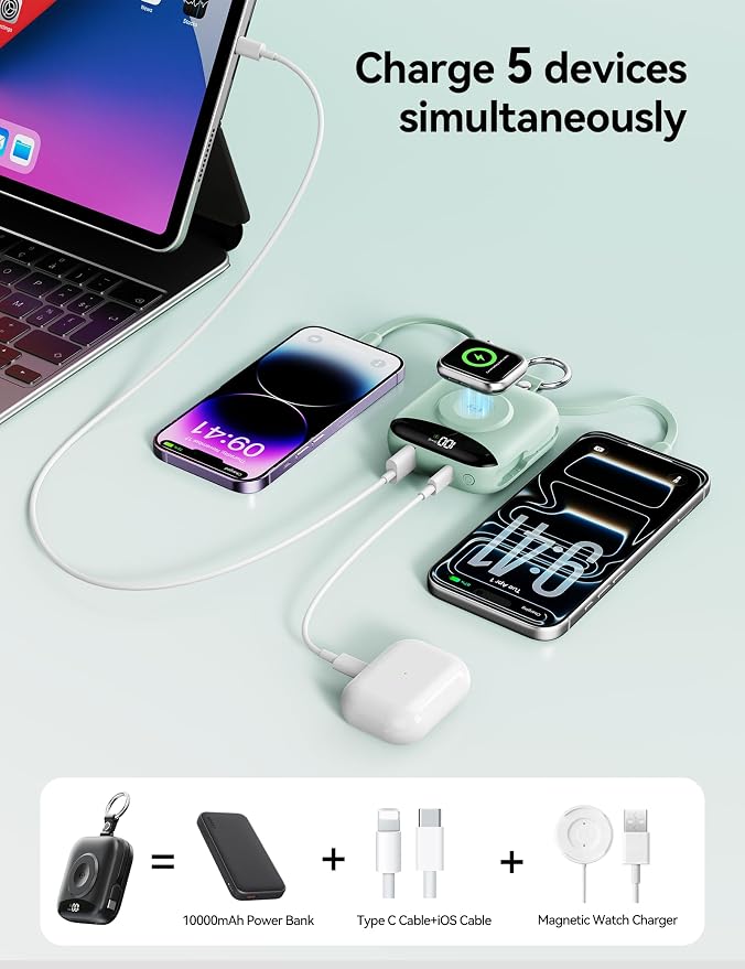 Portable Charger Power Bank, 10000mAh Fast Charging Power Bank with Built-in Cables, Travel Keychain Battery Pack with LED Display for iPhone Samsung Android iPad iWatch Charger 11/10/9/8/Ultra,Green